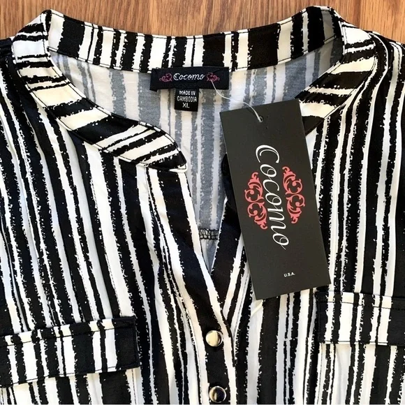 COCOMO XL White Black 3/4 sleeve women’s Pintuck Blouse tunic top shirt - Picture 8 of 12